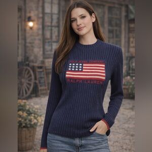 Vtg Y2K Ralph Lauren Navy Sweater with Flag Design Sz Small